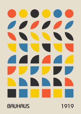 Minimum vintage 20 'ler geometrik tasarım posterleri, duvar resimleri, şablonlar, ilkel şekilli düzenler. Bauhaus retro model arkaplan, vektör soyut çember, üçgen ve kare çizgi sanatı. 