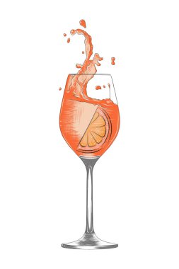 Posterler, dekorasyon, menü ve baskı için oymalı Aperol Spritz alkollü kokteyl illüstrasyonu. Elle çizilmiş içki veya içecek eskizi. Ayrıntılı çizim beyaz arkaplanda izole edildi.