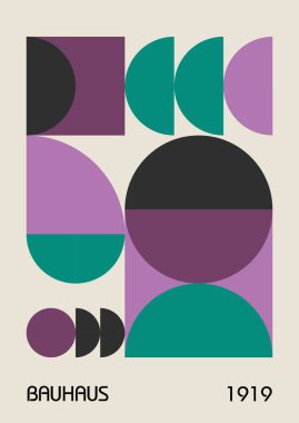 Minimum vintage 20 'ler geometrik tasarım posterleri, duvar resimleri, şablonlar, ilkel şekilli düzenler. Bauhaus retro model arkaplan, vektör soyut çember, üçgen ve kare çizgi sanatı. 