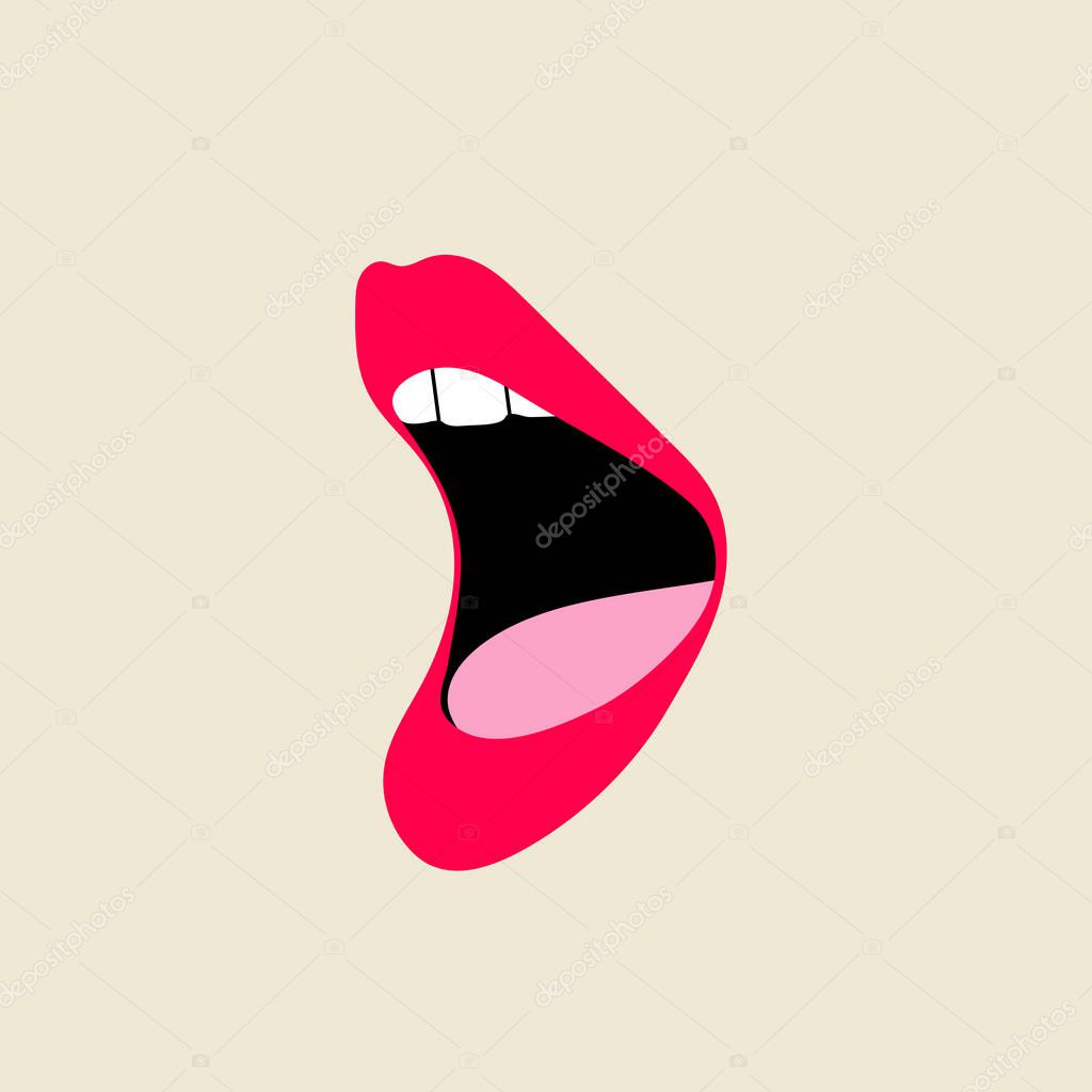 Classic nostalgic 80s-90s element in modern style flat, line style. Hand drawn vector illustration of lips, open mouth, whispering, breathing, singing, talking, podcast. Fashion patch, badge, emblem.