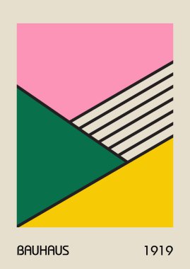 Minimum vintage 20 'ler geometrik tasarım posterleri, duvar resimleri, şablonlar, ilkel şekilli düzenler. Bauhaus retro model arkaplan, vektör soyut çember, üçgen ve kare çizgi sanatı. 