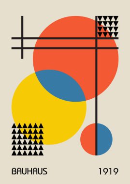 Minimum vintage 20 'ler geometrik tasarım posterleri, duvar resimleri, şablonlar, ilkel şekilli düzenler. Bauhaus retro model arkaplan, vektör soyut çember, üçgen ve kare çizgi sanatı. 
