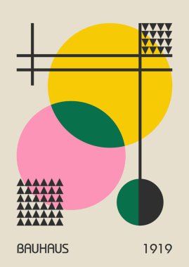 Minimum vintage 20 'ler geometrik tasarım posterleri, duvar resimleri, şablonlar, ilkel şekilli düzenler. Bauhaus retro model arkaplan, vektör soyut çember, üçgen ve kare çizgi sanatı