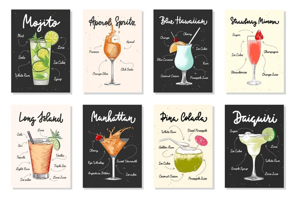アルコール飲料 カクテルや飲料レタリングポスター 壁の装飾 メニューデザインと8広告レシピリストのセット 手描きベクトル彫刻スケッチ — ストックベクタ