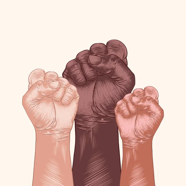 ポスター バナーのためのベクトル彫刻ジェスチャーコレクション カラフルな人間の拳の手描きのスケッチ 権利の支援と連帯 異なる人種の人々 包括的な概念 — ストックベクタ