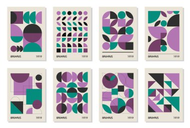 8 adet asgari 20 'lik geometrik tasarım posterleri, duvar sanatı, şablon, ilkel şekilli düzenleme. Bauhaus retro model arkaplan, vektör soyut çember, üçgen ve kare çizgi sanatı