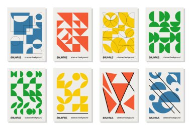 8 adet asgari 20 'lik geometrik tasarım posterleri, duvar sanatı, şablon, ilkel şekilli düzenleme. Bauhaus retro model arkaplan, vektör soyut çember, üçgen ve kare çizgi sanatı