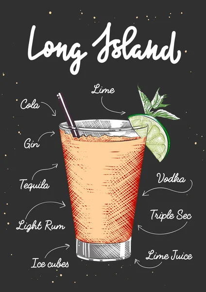 Illustrazione Cocktail Alcolici Long Island Stile Vettoriale Inciso Poster Decorazione — Vettoriale Stock