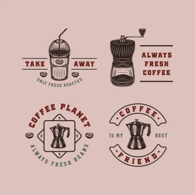 Antika kahve amblemleri, logolar, rozetler. Poster ya da baskı gibi kullanılabilir. Monokrom Grafik Sanatı. Vektör İllüstrasyonu. Ayrıntılı oduncu