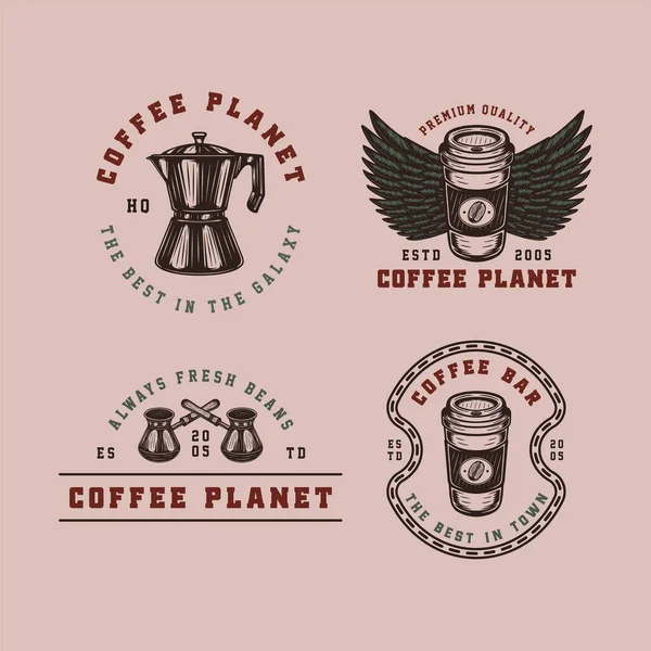 Antika Kahve Amblemleri Logolar Rozetler Poster Baskı Gibi Kullanılabilir Monokrom — Stok Vektör