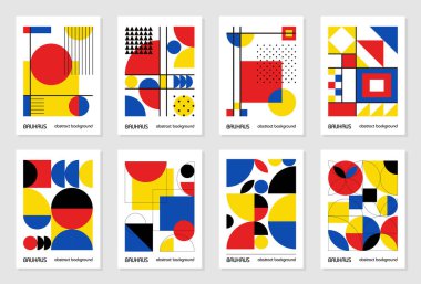 8 adet asgari 20 'lik geometrik tasarım posterleri, duvar sanatı, şablon, ilkel şekilli düzenleme. Bauhaus retro model arkaplan, vektör soyut çember, üçgen ve kare çizgi sanatı