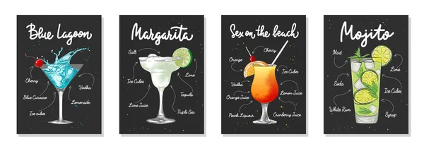Set Van Reclamereceptlijsten Met Alcoholische Dranken Cocktails Dranken Belettering Posters — Stockvector