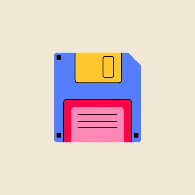 Classic retro 80s 90s elements in modern style flat, line art style. Hand drawn vector illustration diskette, floppy disk, electronic storage device. Fashion vintage cartoon patch, badge, emblem, logo