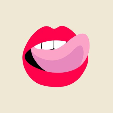 Open female human mouth with tongue, teeth in modern flat, line style. Hand drawn vector illustration of lips, open mouth, sexy tongue, passion, tasty. Fashion patch, badge, emblem, sticker. 