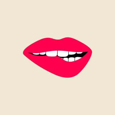Open female human mouth lip biting with teeth in modern flat, line style, pop art. Hand drawn vector illustration of sexy lips, passion, interesting, open mouth. Fashion patch, badge, emblem. 