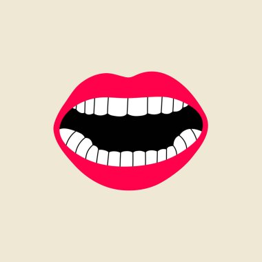 Open female human mouth with teeth in modern flat, line style. Hand drawn vector illustration of lips, open mouth, whispering, screaming, singing, talking, podcast. Fashion patch, badge, emblem. 