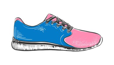 Vector engraved style illustration for posters, decoration and print. Hand drawn sketch of sneaker in colorful isolated on white background. Detailed vintage woodcut style drawing.