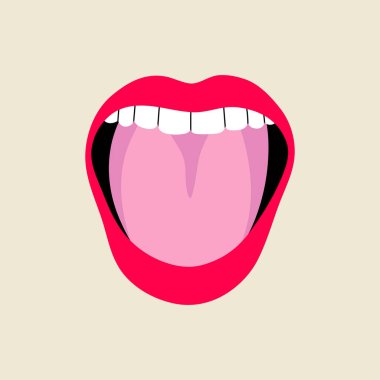 Open female human mouth with tongue in modern flat, line style. Hand drawn vector illustration of lips, open mouth, whispering, screaming, singing, talking, podcast. Fashion patch, badge, emblem. 