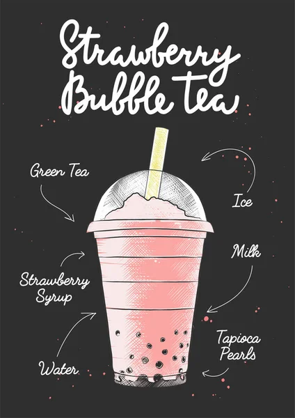 Erdbeer Bubble Milk Tea Drink Mit Vektor Gravur Plastikglas Für — Stockvektor