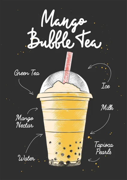Vektor Graviert Stil Mango Bubble Milk Tea Getränk Kunststoffglas Für — Stockvektor