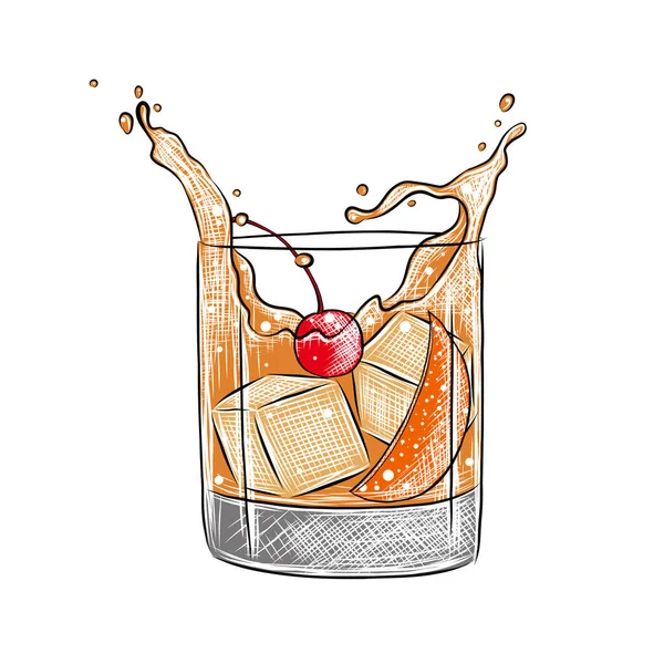 Vektor Vésett Stílus Old Fashioned Alkoholos Koktél Illusztráció Poszterekhez Dekorációhoz — Stock Vector