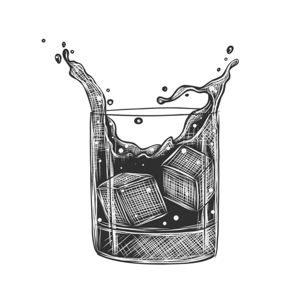 Διάνυσμα Σκαλιστό Στυλ Scotch Whiskey Αλκοολούχο Κοκτέιλ Παγάκια Πιτσιλιές Εικονογράφηση — Διανυσματικό Αρχείο