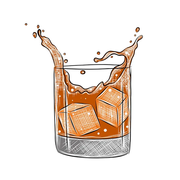 Vector Gegraveerde Stijl Scotch Whiskey Alcoholische Cocktail Met Ijsblokjes Spatten — Stockvector