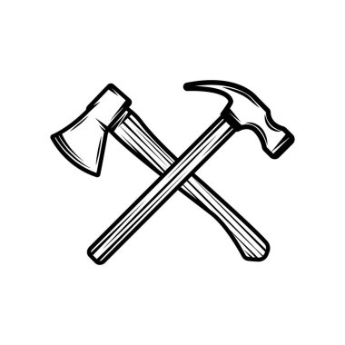 Klasik marangozluk marangozluğu mekanik çekiç balta haçı. Amblem, logo, rozet, etiket gibi kullanılabilir. İşaret, poster ya da baskı. Monokrom Grafik Sanatı. Vektör İllüstrasyonu