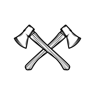 Klasik marangozluk marangozluk mekanik baltaları kesişiyor. Amblem, logo, rozet, etiket gibi kullanılabilir. İşaret, poster ya da baskı. Monokrom Grafik Sanatı. Vektör İllüstrasyonu