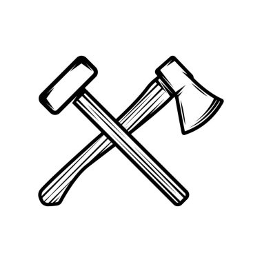 Klasik marangozluk marangozluğu mekanik balta büyük çekiç haçı. Amblem, logo, rozet, etiket gibi kullanılabilir. İşaret, poster ya da baskı. Monokrom Grafik Sanatı. Vektör İllüstrasyonu