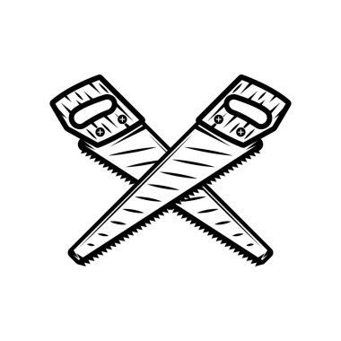 Klasik marangozluk marangozluğu, uzun testere haçı. Amblem, logo, rozet, etiket gibi kullanılabilir. İşaret, poster ya da baskı. Monokrom Grafik Sanatı. Vektör İllüstrasyonu