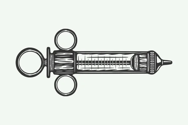 老式复古木刻医用注射器 可用作标志 标签等 海报或印刷品 单色图形艺术 病媒图解 — 图库矢量图片