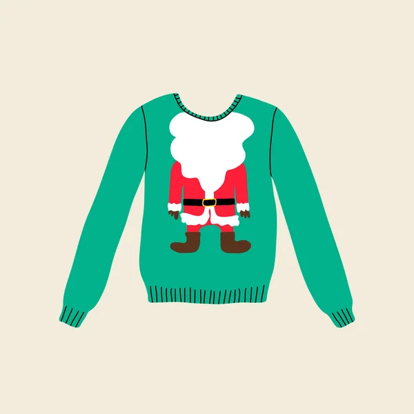 Christmas Ugly Green Winter Sweater Flat Line Trendy Style Santa — Stock Vector