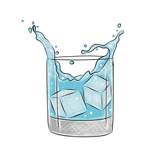 Vektor Graviertes Glas Wasser Mit Eiswürfeln Spritzer Illustration Für Plakate — Stockvektor