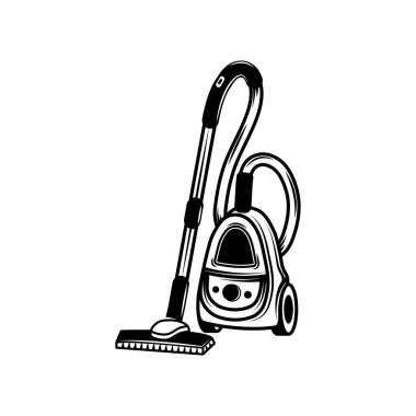 Eski model elektrikli süpürge. Amblem, logo, rozet, etiket gibi kullanılabilir. İşaret, poster ya da baskı. Monokrom Grafik Sanatı. Vektör İllüstrasyonu. Oyma ahşap yontmacıComment