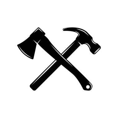 Klasik marangozluk marangozluğu mekanik çekiç balta haçı. Amblem, logo, rozet, etiket gibi kullanılabilir. İşaret, poster ya da baskı. Monokrom Grafik Sanatı. Vektör İllüstrasyonu