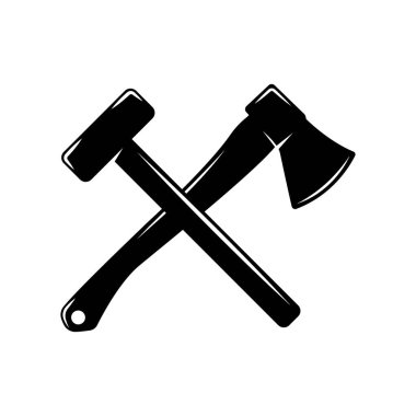 Klasik marangozluk marangozluğu mekanik balta büyük çekiç haçı. Amblem, logo, rozet, etiket gibi kullanılabilir. İşaret, poster ya da baskı. Monokrom Grafik Sanatı. Vektör İllüstrasyonu