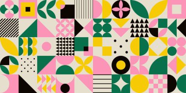 Baskı ve tekstil için ilkel şekillere sahip en az 20 'li yılların geometrik, dikişsiz desen tasarımı. Bauhaus retro arkaplan, vektör düz soyut çember, üçgen ve kare çizgi sanat.