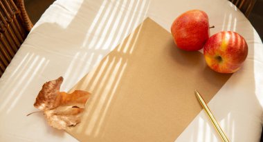 Boş bir kağıt, altın bir kalem ve iki olgun elma ve kuru sonbahar yaprakları hasır bir sandalyede yatıyor. Konumuz sonbahar için planlar. En üstten görüntüle.