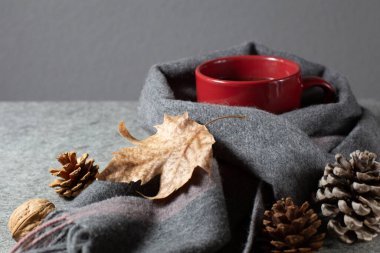 Gri bir eşarba sarılı kırmızı bir fincan kahve ve sonbahar yaprakları gri bir arka planda. Sonbahar sakin bir hayat.