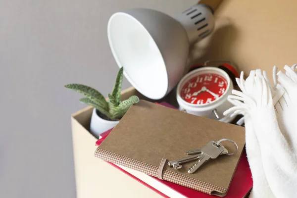 Cardboard Box Keys House Books Alarm Clock Lamp Topic Moving — Photo