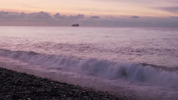 Purple sky and winter sea sunset in Batumi Georgia, fog over sea and ship, blurred selective focus — Stockvideo