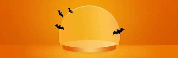 Podio Piedistallo Arancio Fondo Arancio Halloween Sfondo Arancione Con Bats — Foto Stock