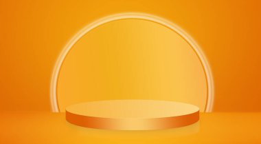 Turuncu arka planda turuncu kaide podyumu. Cadılar Bayramı arkaplanı. Ürün sunumunuz için modern tasarım. Metin için alanı kopyala. Banner.