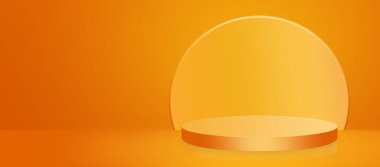 Turuncu arka planda turuncu kaide podyumu. Cadılar Bayramı arkaplanı. Ürün sunumunuz için modern tasarım. Metin için alanı kopyala. Sancak 3D görüntüleme