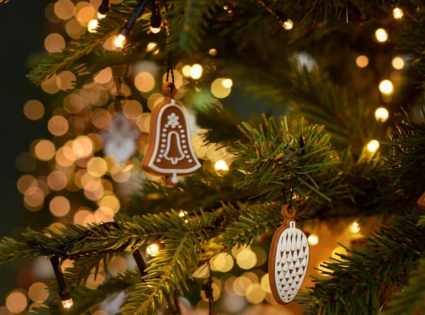 Christmas Gingerbread Decoration Christmas Tree Golden Bokeh Background Royalty Free Stock Photos
