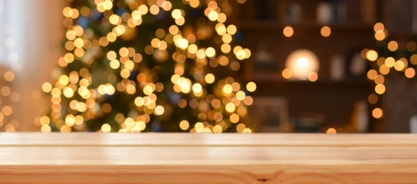 Kerst Achtergrond Lege Houten Tafel Achtergrond Van Kerstboom Nieuwjaarsbokeh Klaar — Stockfoto