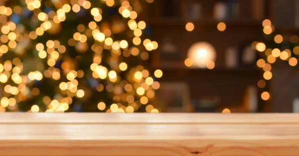 Kerst Achtergrond Lege Houten Tafel Achtergrond Van Kerstboom Nieuwjaarsbokeh Klaar — Stockfoto