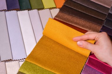 Müşteri sevdiği renk kumaşına bakar ve seçer. Yeni kanepesi için kumaş örneklerinden kumaşı seçer..