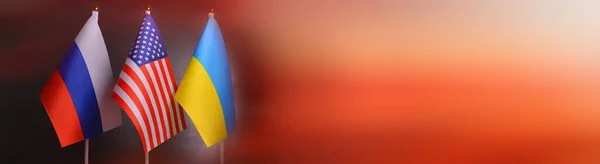 Прапори Сша Росії України Тлі Пожежі Відносини Між Україною Росією — стокове фото